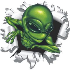 Alien uit kogelgat sticker 9x9