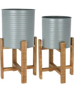 Plantenbak set 2 stuks staal met houten onderstel olijfgroen
