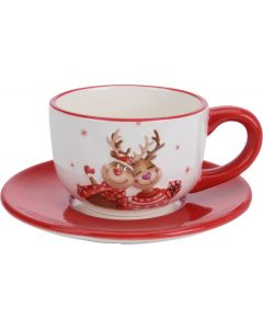 Kerst rendier design kop en schotel 15x7,5cm