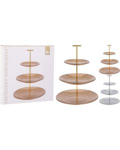 Glazen etagÃ¨re zilver/goud 3-laags