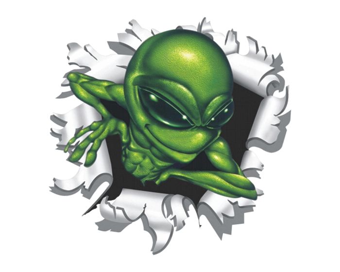 Alien uit kogelgat sticker 9x9
