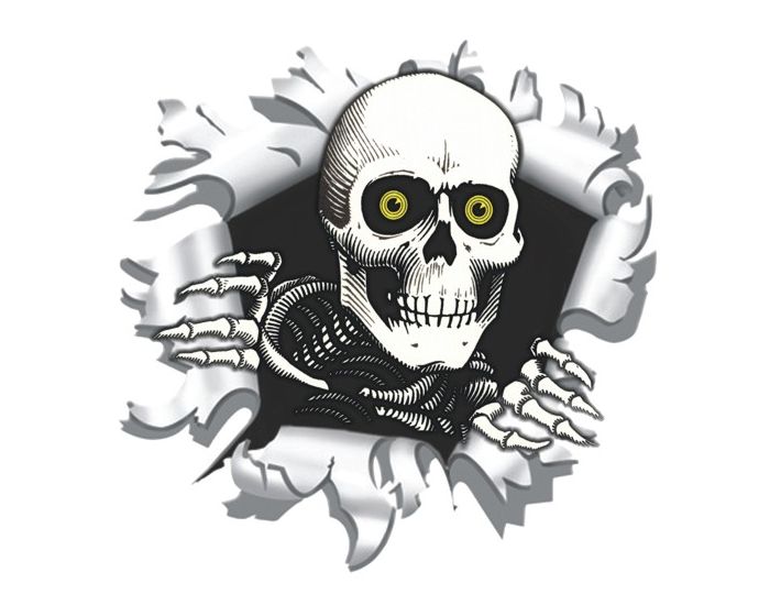 Skelet in schotgat sticker 9x9